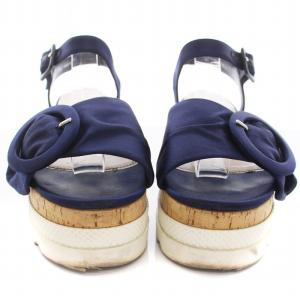 miumiu 厚底 サンダル シューズ ベルト アンクルストラップ サテン生地 36.5 23.5cm 紺 ネイビー