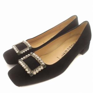 パンプス スエード ビジュー ラインストーン スクエアトゥ 39 25.5cm 黒 ブラック /G