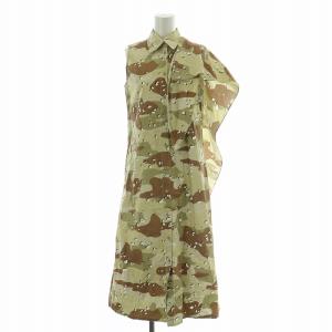 ノースリーブデザインシャツワンピース ミモレ ロング アシンメトリー 総柄 36 カーキ 茶 ブラウン