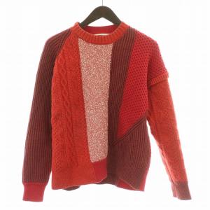 ニット セーター 長袖 クルーネック 切替 ウール XXS 赤 レッド /BB
