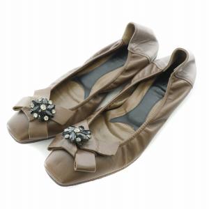 フラットシューズ パンプス スクエアトゥ レザー リボン ビジュー 装飾 24.5cm 茶 ブラウン /BB