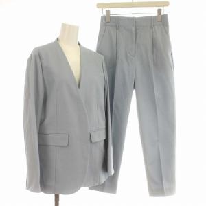 リネン混 スーツ セットアップ ノーカラージャケット 背抜き パンツ 36 S 水色 ライトブルー /G