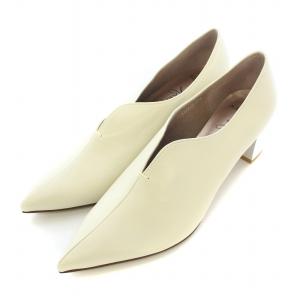 パンプス ポインテッドトゥ チャンキーヒール レザー 23.5cm 白 ホワイト /BB