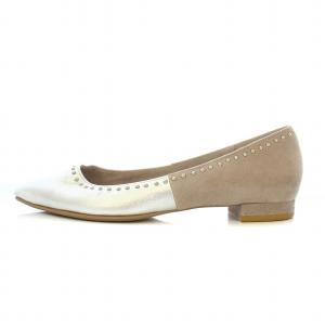 GINZA Kanematsu パンプス ポインテッドトゥ ローヒール レザー スエード 切替 スタッズ 23.5cm グレージュ シルバー