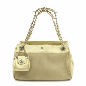 トートバッグ ハンドバッグ キャンバス レザー チェーン 切替 ロゴ ポーチ付き ゴールド色 /BB