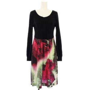 ワンピース 切替 総柄 長袖 ひざ丈 0 黒 ピンク 016-240123 /TK