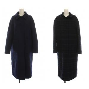 ウールコート ロング リバーシブル チェック アウター 40 ネイビー ブラック /YM