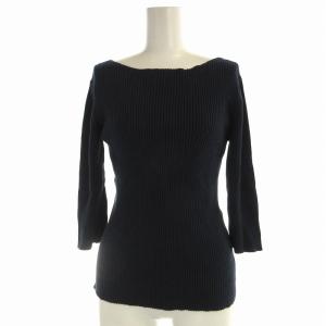 リブ ニット カットソー 七分袖 ボートネック シルク混 紺 ネイビー /EA