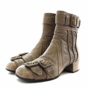 PRADA ショートブーツ チャンキーヒール ベルトデザイン 山羊革 35 グレー /AN1