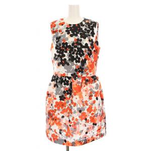 1R3VA0251G6 ワンピース フレア ひざ丈 ノースリーブ タック 総柄 42 赤 レッド 白 ホワイト