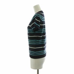 BURBERRY LONDON ニット カットソー 半袖 ボーダー カシミヤ混 プルオーバー ロゴ刺繍 クルーネック 38 黒 ブラック 青 ブルー