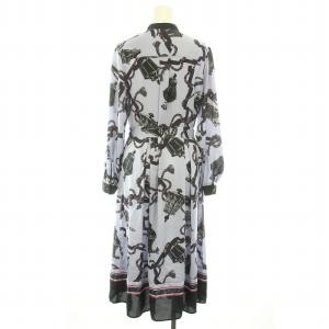 Grace Class 23AW プリントツイルワンピース ロング 前開き バンドカラー 長袖 総柄 リボンベルト 36 S 紫 パープル 黒 ブラック