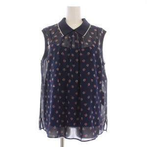 24SS マリンドットプリントニット衿ブラウス シャツ ノースリーブ 切替 総柄 キャミソール 38 紺