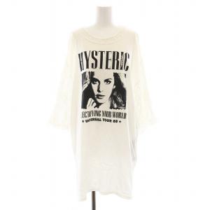 01172NO02 カットソー Tシャツ チュニック 五分袖 ニット切替 プリント F 白 /KU