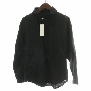 リネン100%プルオーバーシャツ ブラウス 長袖 バンドカラー ハーフボタン S 黒 ブラック タグ付き