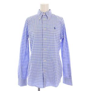 シャツ ブラウス 長袖 ボタンダウン チェック柄 ロゴ刺繍 6 白 水色