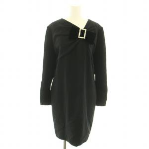 ワンピース ひざ丈 長袖 ベロアリボンブローチ 40 黒 ブラック /YT