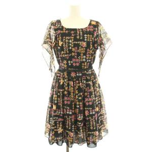 ワンピース ひざ丈 スクエアネック 半袖 花柄 リボンベルト 38 M 黒 ブラック ピンク /YT