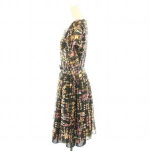 M'S GRACY ワンピース ひざ丈 スクエアネック 半袖 花柄 リボンベルト 38 M 黒 ブラック ピンク /YT