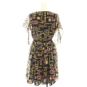 M'S GRACY ワンピース ひざ丈 スクエアネック 半袖 花柄 リボンベルト 38 M 黒 ブラック ピンク /YT