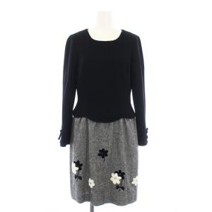 421564  ドッキングワンピース フレア ひざ丈 長袖 フラワーモチーフ スパンコール装飾 ウール