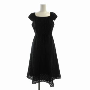 フレアワンピース ミモレ ロング 総柄 刺繍 スクエアネック 半袖 M 黒 ブラック GBEEP-10390