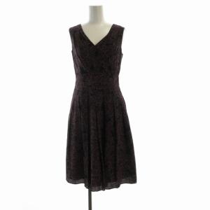 ノースリーブ ワンピース ひざ丈 総柄 Vネック M ボルドー 黒 ブラック GBEJS-12490