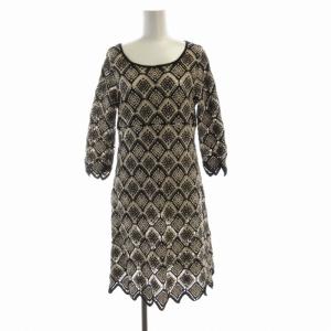 ニット ワンピース ひざ丈 総柄 七分袖 M ベージュ 黒 ブラック GBAJM-07490 /RO