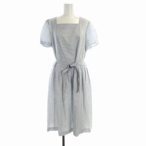 フレアワンピース マキシ ロング ストライプ ベルト付き 半袖 42 青 ブルー 白 ホワイト 11-301316