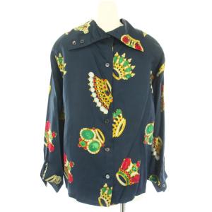 CELINE シャツ ブラウス 長袖 クラウン 総柄 シルク 40 紺 ネイビー
