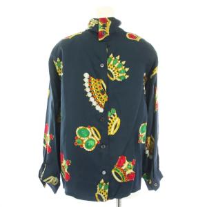 CELINE シャツ ブラウス 長袖 クラウン 総柄 シルク 40 紺 ネイビー