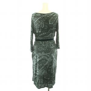 Max Mara ワンピース ひざ丈 カシュクール風 長袖 総柄 ベロアリボン 44 XL 緑 グリーン