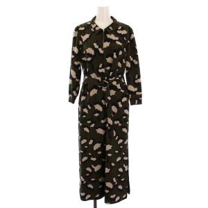 ワンピース シャツワンピ ロング 花柄 ベルト 2WAY 七分袖 UK36 カーキ /DK