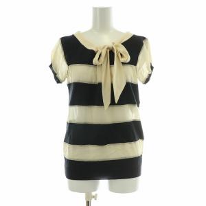 ニット 半袖 ボウタイ リボン シルク混 ボーダー柄 38 紺 ネイビー ベージュ /BB