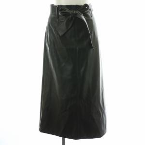 フレアスカート マキシ ロング フェイクレザー リボン ベルト 無地 00 黒 ブラック /BB