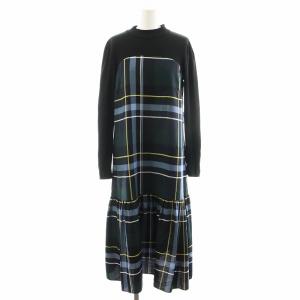 19AW ワンピース ロング丈 長袖 チェック柄 切替 36 紺 ネイビー 黒 ブラック 緑 グリーン