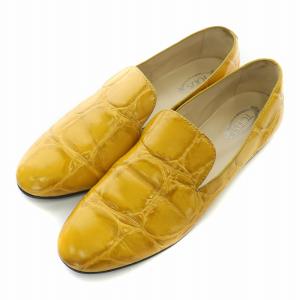 フラットシューズ スリッポン ラウンドトゥ レザー スネークプリント 37.5 マスタード /BB