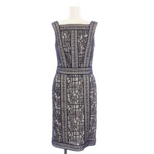 スクエアネックタイトドレス ノースリーブワンピース ひざ丈 レース 0 ネイビー BOE20308MJ