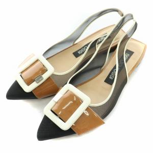 sr MILANO ストラップパンプス ポインテッドトゥ ローヒール メッシュ 切替 装飾 38 黒 ブラック