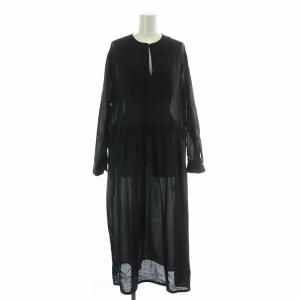 ワンピース ミモレ ロング 長袖 スキッパー インナーキャミソール ウール シルク 36 黒 ブラック