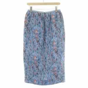 Drawer シルクプリントセミタイトスカート ギャザー ミモレ ロング スリット 総柄 38 青 ブルー マルチカラー 6524-299-1438