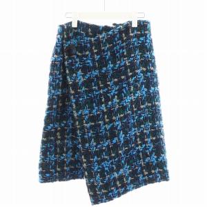 BLUEツィードスカート ひざ丈 シルク 絹 38 青 ブルー 紺 ネイビー 6524-234-1101