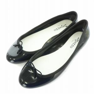 サンドリオン バレエシューズ パンプス フラットシューズ エナメル ラウンドトゥ リボン 38 黒 ブラック