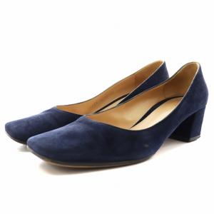 パンプス スクエアトゥ チャンキーヒール スエード 38 紺 ネイビー /AN18