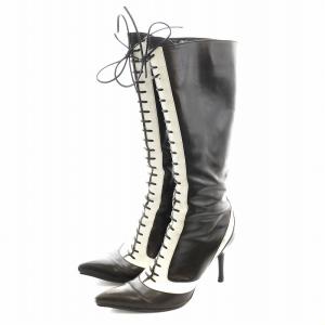 ロングブーツ ポインテッドトゥ レースアップ ヒール 37.5 黒 ブラック 白 ホワイト