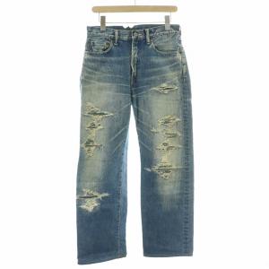 デニムパンツ ジーンズ ジップフライ ロゴパッチ ダメージ加工 F 青 ブルー /BB