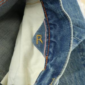 45R デニムパンツ ジーンズ ジップフライ ロゴパッチ ダメージ加工 F 青 ブルー /BB