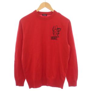 ニット セーター 長袖 クルーネック ロゴ刺繍 ウール S 赤 /BM