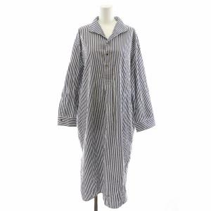 24SS オープンカラーシャツワンピース ロング丈 長袖 ストライプ柄 F 紺 ネイビー 白 ホワイト TBDS-016