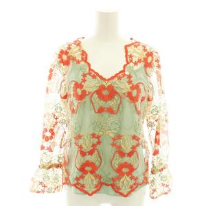 21SS フラワーオーナメントトップ ブラウス 長袖 花柄 刺繍 総レース キャミソール付き 36 オレンジ 緑 グリーン